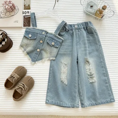 Children's Set New Summer Girls' Korean Style Denim Camisole Top Casual Pants Temperament Two-piece Set