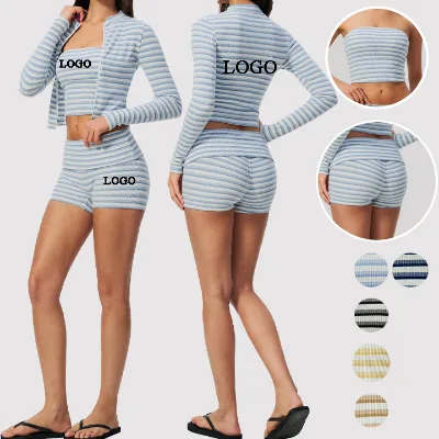 Striped Printed Ribbed 3 Piece Yoga Set Long Sleeve Zip up Yoga Set Fold Over Waist Yoga Set
