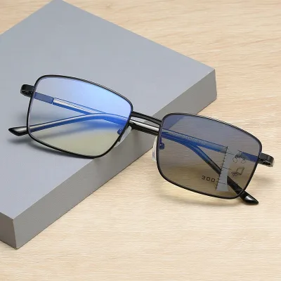 Color Change Lens Anti Blue Light Black Rectangle Metal Verres Anti Reflet Men 2025 Progressive Multi Focus Reading Glasses