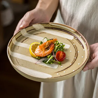 Vintage Striped Japanese Style Eco-Friendly Porcelain Plates Wholesale Ceramic Dinnerware for Party Steak & Household Use