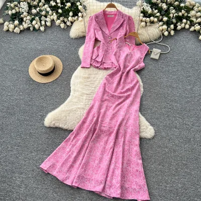 Women's 2 Piece formal Outfit Set Long Sleeve Peplum Blazer Sleeveless Jacquard Mermaid Maxi Dress for Spring Fall Events