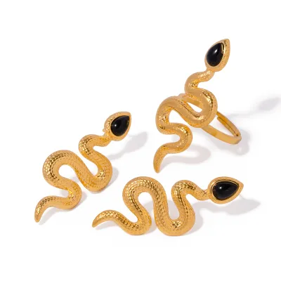 J&D Jewelry Black Agate Snake Earrings Rings 18K PVD Gold Plated Stainless Steel Black-Gold Drop Jewelry Set