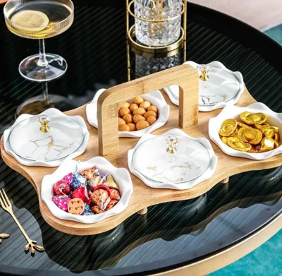 Golden Lattice Fruit Plate Light Luxury Creative Home with Lid Wooden Tray Dessert Nuts Classification Plate Ceramic Fruit Plate
