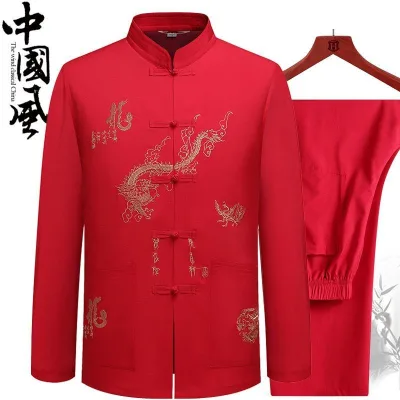 JEFFERY Chinese Traditional Men's Tang Suit Sets Long Sleeve Long Pants Dragon Kung Fu Suit High Quality Fabric Wu Shu Tai Chi