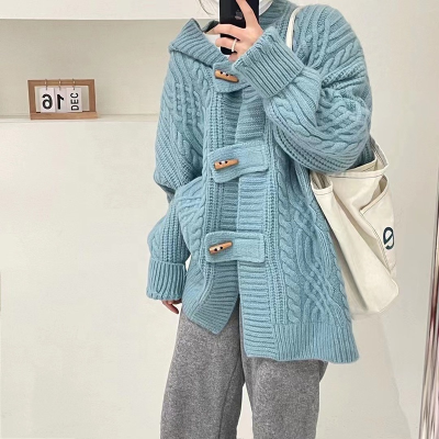 Cis Buckle Hooded Cardigan Jumper for Women Autumn Winter Loose Twist Design Horn Button Long Sweater Coat