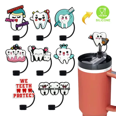 Funny 10mm Health Love Teeth Silicone Drinking Straw Topper Cover Charm for Tumbler Cup Accessories