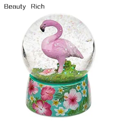 Musical Flamingo Snow Globe with Pretty Flowery Base