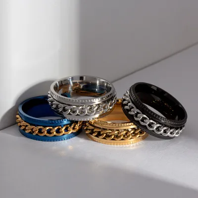 Men Stainless Steel Chain Finger Ring Blue Gold Black Punk Rock Gift Rotating Anti Anxiety Fidget Spin Rings Spinner