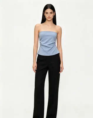 Women Draped Ruched Side Strapless Cropped Tube Top Solid Bandeau Top Sleeveless Elegant Slim Fit Casual Blouse