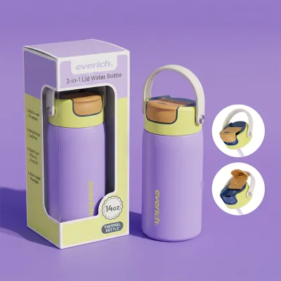 Kid Friendly Straw Thermos BPA Free Double Wall Stainless Steel 24H Cold 12H Hot Leak Proof Flip Top Lid with Comfortable Handle