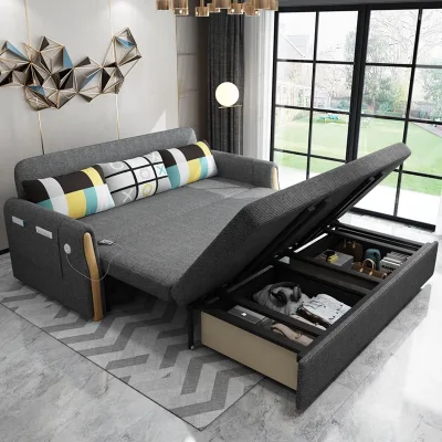 Convertible Fabric Sofa Bed with Pull-out Hidden Storage Multifunctional Grey Couch Side Pockets USB Living Room Schlafsofa