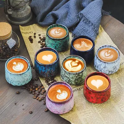 Wholesale Arabic Japanese Style Ceramic Kiln Change Espresso Coffee Cup Set with Master Vintage Glaze for Office Home
