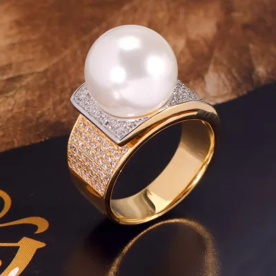 Bride Talks New Elegant Pearl Ring Fashion Women's Cubic Zirconia Crystal Luxury Wedding Jewelry 18k Gold Plated Prong Set High