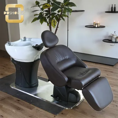 90 Degree Rotate Shampoo Bed of Wear Resistant Leather Electric Adjustable Shampoo Station for Brown 2 In 1 Beauty Shampoo Chair