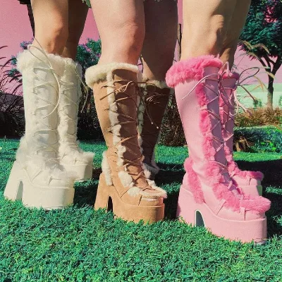 2022 High Platform Boots Chunky Heel Round Toe Mid Calf Fall Shoes Elegant Casual Outfit Winter Cross Tied Fur Boots Women