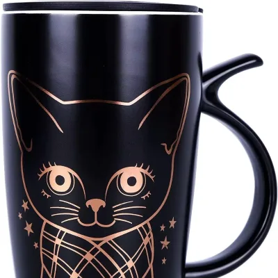 20oz Large Black Cute Cat Ceramic Coffee Mug Cup with Splash-proof Lid Cat Tail Shape Handle Animal Cat Mug Tumbler (black)