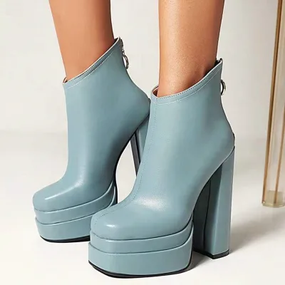 2022 Hot Slang Cut Double Layer Platform Western Mesh High Heel Boots Short Ankle Square Toe Back Zip Thick Heel Winter