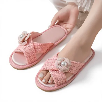 Sen Tian Home Summer Breathable Pearl Camellia Woven Open-Toe Flip-Flops Women's Fabric Indoor Japanese Style for