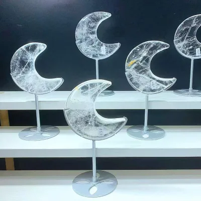 Natural Clear Quartz Moon Shape Stone Polished White Crystal Moon Carving Healing Crystal Moon Ornament Home Decor