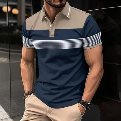 Men's Casual Polo Shirt V-neck Buttoned Business Striped Versatile T-shirt Top