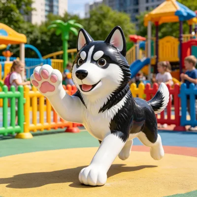 Waving Paw Cartoon Husky Dog Fiberglass Statue Cute Animal Sculpture for Kids Playground Theme Park Landscape Ornament
