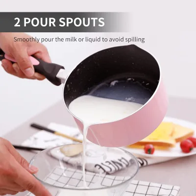 Factory Wholesale Pink Aluminum Saucepan Nonstick Coating Milk Pan with Double Spouts and Heat Resistant Two-tone Handle
