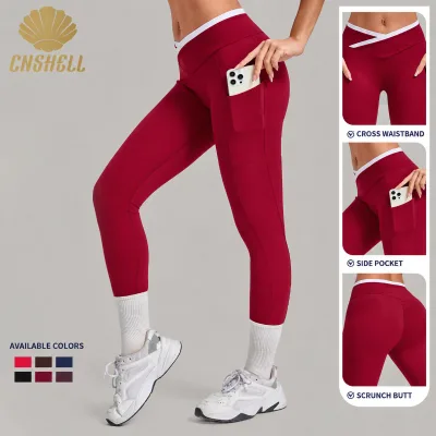 New Arrival High Waisted Yoga Pants with Side Pockets Cross Waistband Scrunch Butt Fitness Running Tight Leggings