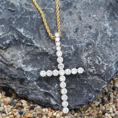 Fashion Gold Plated Men Diamond Men Big Cross Tennis Choker Chain Necklace
