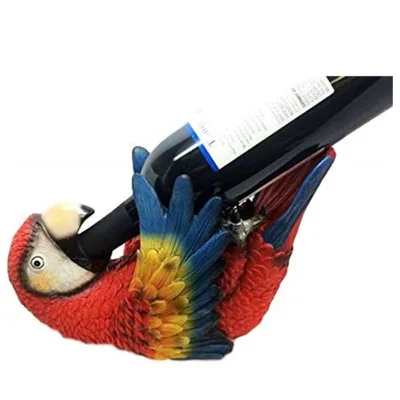 Polyresin Wine Bottle Holder Resin Red Scarlet Macaw Parrot Wine Bottle Holder Caddy Figurine 10.25" Long Kitchen Dining Party