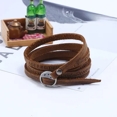 New Fashion Pure Handmade Genuine Brown Leather Bracelets Leisure Retro Multi-layer Bracelet Men Women Charm Bracelet