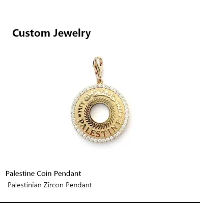 Inspire Jewelry Stainless Steel Palestine Coin Zircon Border Engraved Arabic Pendant 1921 Hollow Coin Charm Jewelry