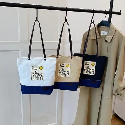Spring New Denim Stripe Canvas Bag Korean Large Capacity Reversible Bag Retro Student Shoulder Tote Handbag