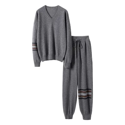 Women's High-End 100% Cashmere Pure Wool V-Neck Sweater Pants Set Long Sleeve Autumn and Winter Knitted Two-Piece for Women