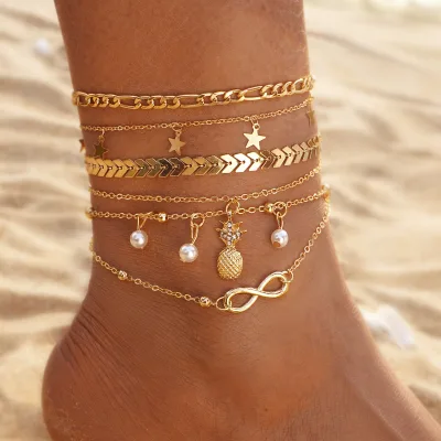Vintage Pineapple Pendant Anklet Bohemian Imitation Pearl Anklet Fashion Summer Multilayer Golden Alloy Anklet for Women Gift