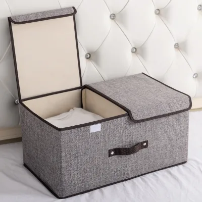 Cotton and Linen Double-covered Storage Box - Foldable Large-sized Storage Box for Organizing Clutter - Has a Lid - Underwear