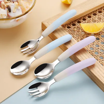Children's Silicone Tableware Baby Spoon Fork 304 Stainless Steel Slim Gradient Handle Kids Food Training Cutlery
