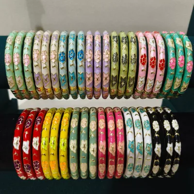 Factory Bulk Vintage Oriental Cloisonne Floral Star Enamel Thin Bangles Flower Star Multi Color Pair Stack Bangle Set Jewelry