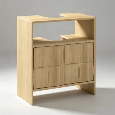 Oak Effect Under Sink Bathroom Cabinet, Freestanding Washbasin Storage Unit with Curved Recessed Door Panels & Open Shelf