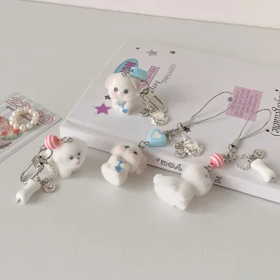 Ins White Bone Puppy Pendant Cute Cartoon Mobile Phone Chain Schoolbag Decoration Ornaments DIY Kpop Keychain Small Pendant Gift