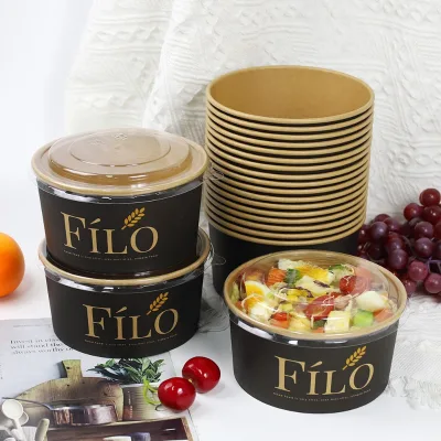 Wholesale Disposable 500ML 750ML 1000ML Black Kraft Paper Bowls Take Away Paper Salad Bowl With PET Lid