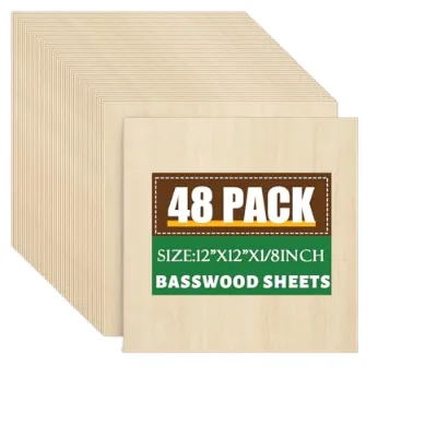 48 Pack Square Basswood Sheets 1/8x12x12 Inch Unfinished DIY Art Collectible Laser Cutting Engraving Wood Burning Architectural