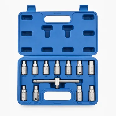 12 PC Automotive Oil Drain Plug Socket Set Hex Square Sump Plug Wrench 8-17mm with 3/8 Drive Sliding T-Bar Engine Oil Service