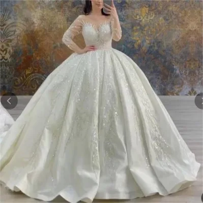 Plus Size Luxury Floral Sequined Appliques Lace Backless Zipper O-neck Long Sleeve Ball Gown Bridal Wedding Dress 2023