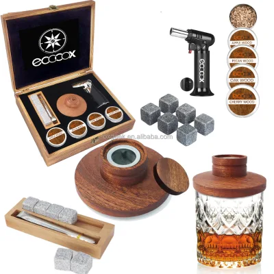 Wood Cocktail Smoker Kit with Glass, Steel Torch 4 Flavor Chips, 6PCs Granite Ice Stones in the Tray in Crafted Wooden Box