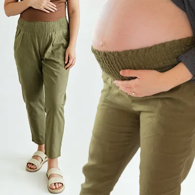 Customizable Women Maternity Soft Breathable Linen Cotton Blend Straight Leg Pants Smocked Elastic High Waistband Side Pockets