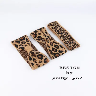 New Retro Elastic Turban Headband for Women Warm Leopard Knit Wool Wide Hairbands With Bow Knot Girls' Diademas