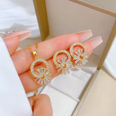 High Quality Luxury Zircon Flower Necklace Earring Set Stainless Steel Women's Jewelry Set Wholesale