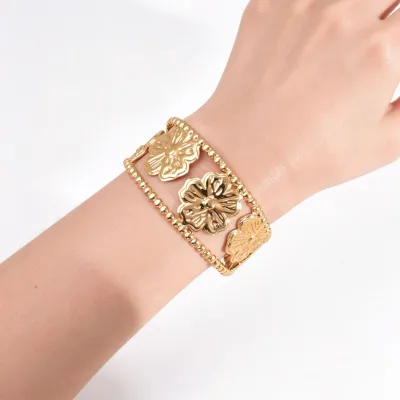 New Trendy Women Stainless Steel Jewelry Texture Hollow Sun Flower Charm Open Bangle Gold Plated Wide Wrap Cuff Bracelets