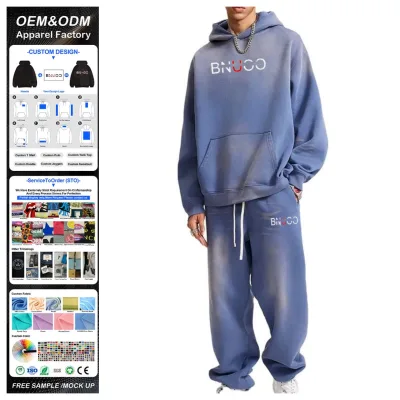 Custom Men's Streetwear Vintage Screen Print Tracksuit French Terry Cropped Acid Wash Distressed Sweatpants and Hoodie Set