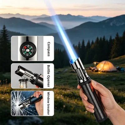 Handheld Survival Torch Lighter with Compass Bottle Opener Adjustable Flame Windproof Butane Torch Lighter for Camping Hiking